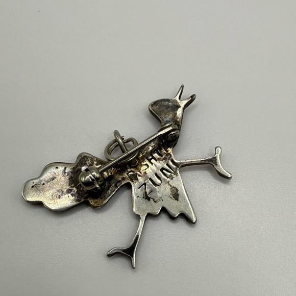 ZUNI pin pendant Sterling Mosaic Road Runner signed C. Dishta OLD vtg. SS - Picture 3 of 4